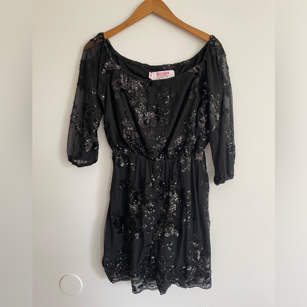 NWT Southern Fried Chics Botique Black Floral Sequin Romper - size M